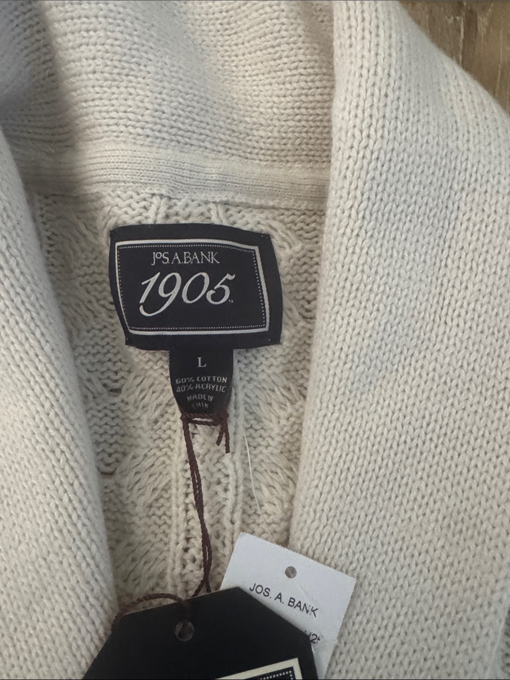 Jos. A. Bank | Cream Cable Knit Shawl Collar Cardigan | size L - Picture 2 of 4
